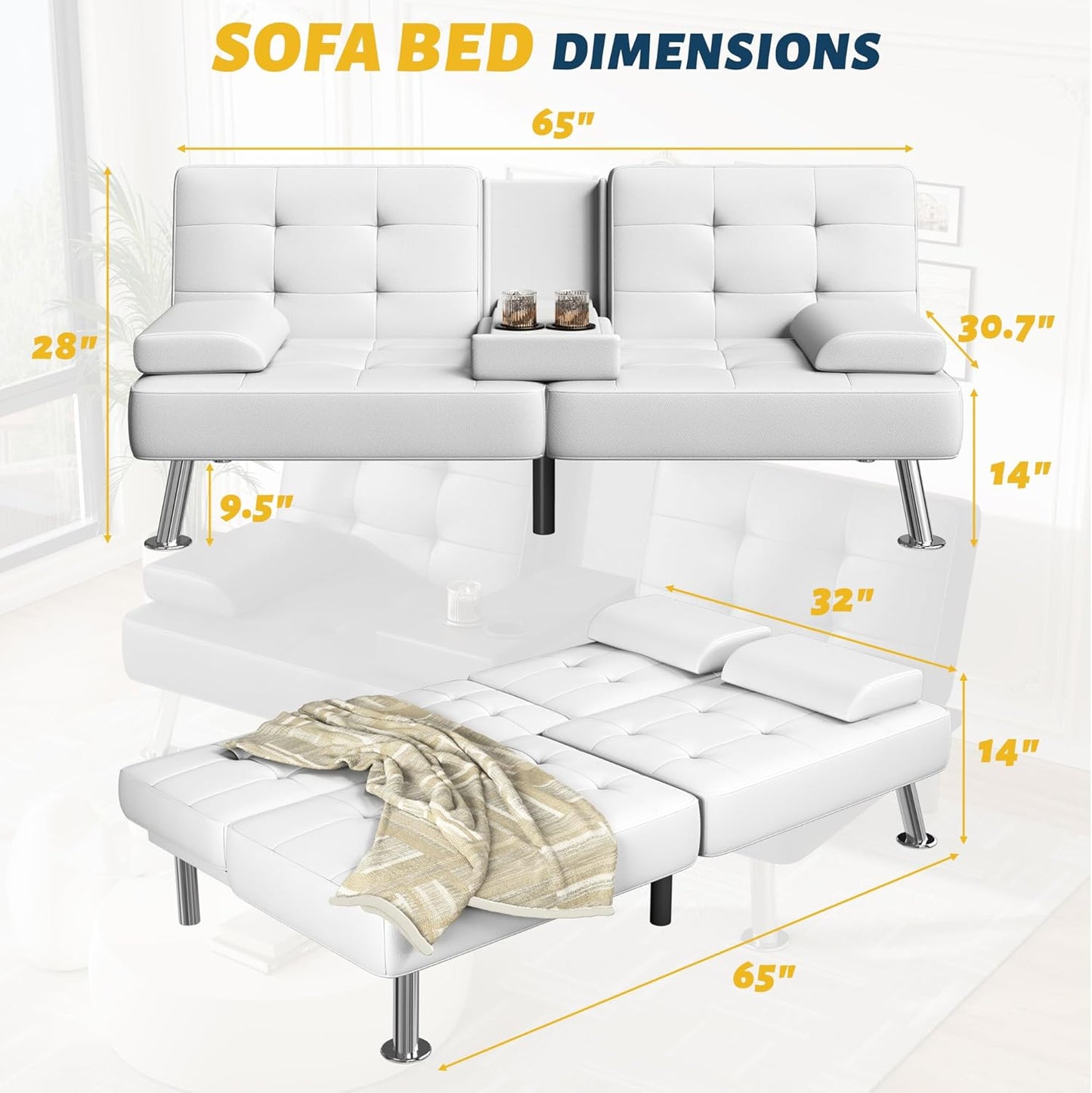 Futon Sofa Bed Adjustable Futon Couch Sleeper Sofa Bed for Living Room, Business Office, Recliner Sofas with Cup Holders (PU Leather, White)
