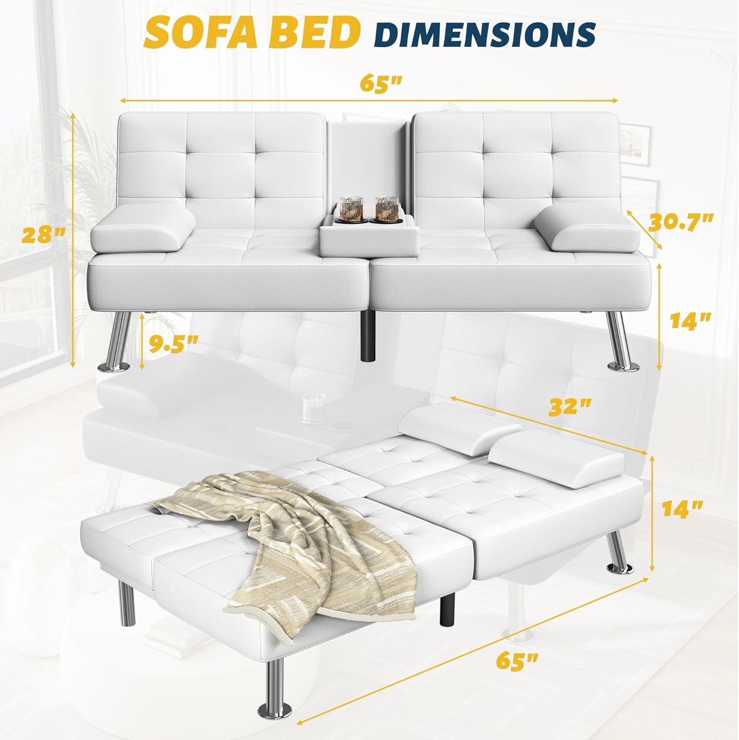 Futon Sofa Bed Adjustable Futon Couch Sleeper Sofa Bed for Living Room, Business Office, Recliner Sofas with Cup Holders (PU Leather, White)