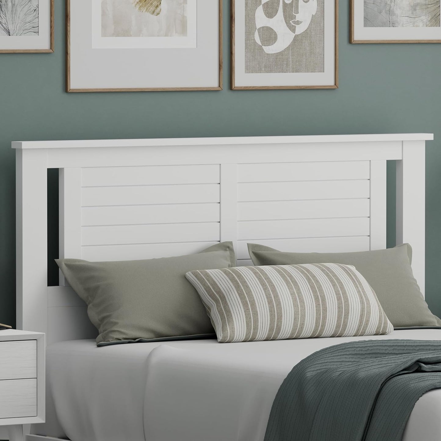 Serene Poplar Wood Full Size Headboard in White, Modern Farmhouse Panel with Horizontal Scoring, Casual Coastal Style, Easy Assembly, Quality Materials