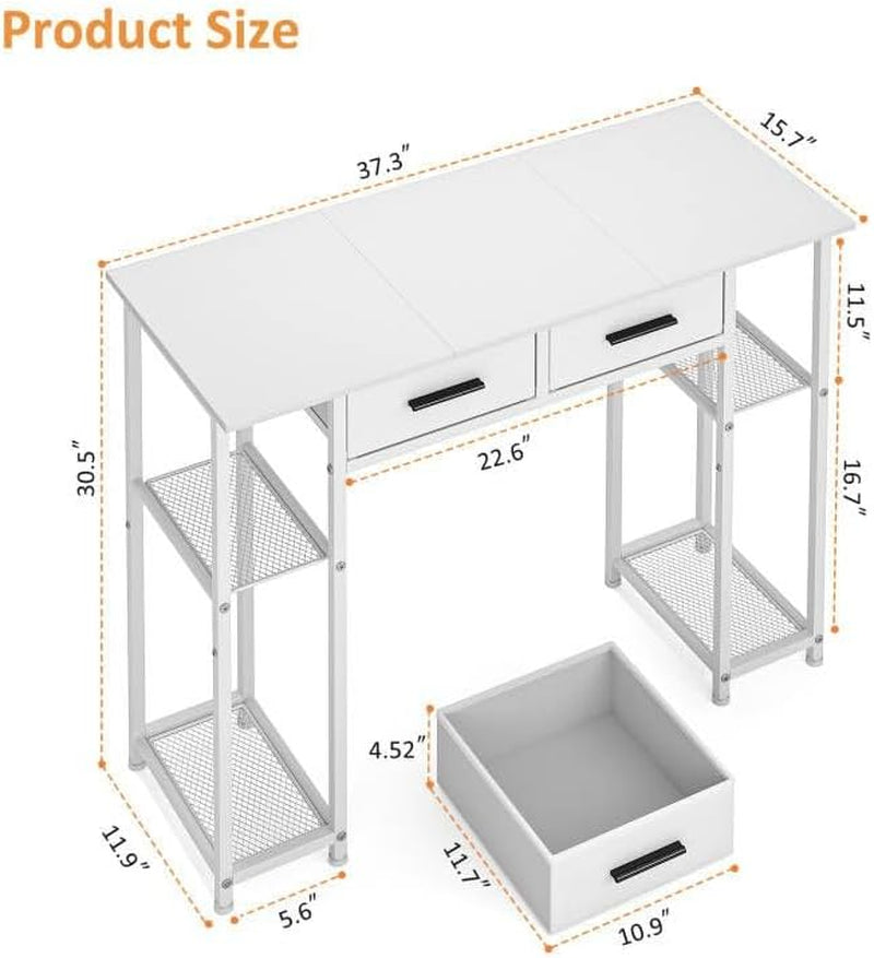 White Computer Desk with Drawers, 37.3 Inch Home Office Work Desk with Storage Shelf, Kids Teens Study Table for Small Space, Small Writing PC Table for Bedroom Makeup Vanity Desk