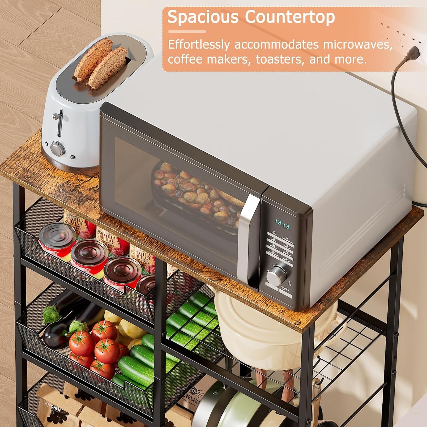 Rolling Kitchen Storage Microwave Cart, Kitchen Island with Adjustable Shelf on Lockable Wheels, Countertop 27.75"L × 15.35"W, Bakers Rack with Tilt-Out Baskets, for Kitchen, Coffee Bar, Living Room