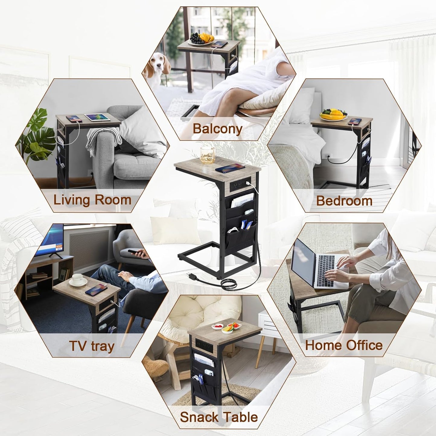 C Shaped End Table with Charging Station, TV Tray Set of 2, Couch Tables with Storage Bag, Slide under Sofa Side Table with USB Ports and Outlets for Living Room, Grey HET04CGY