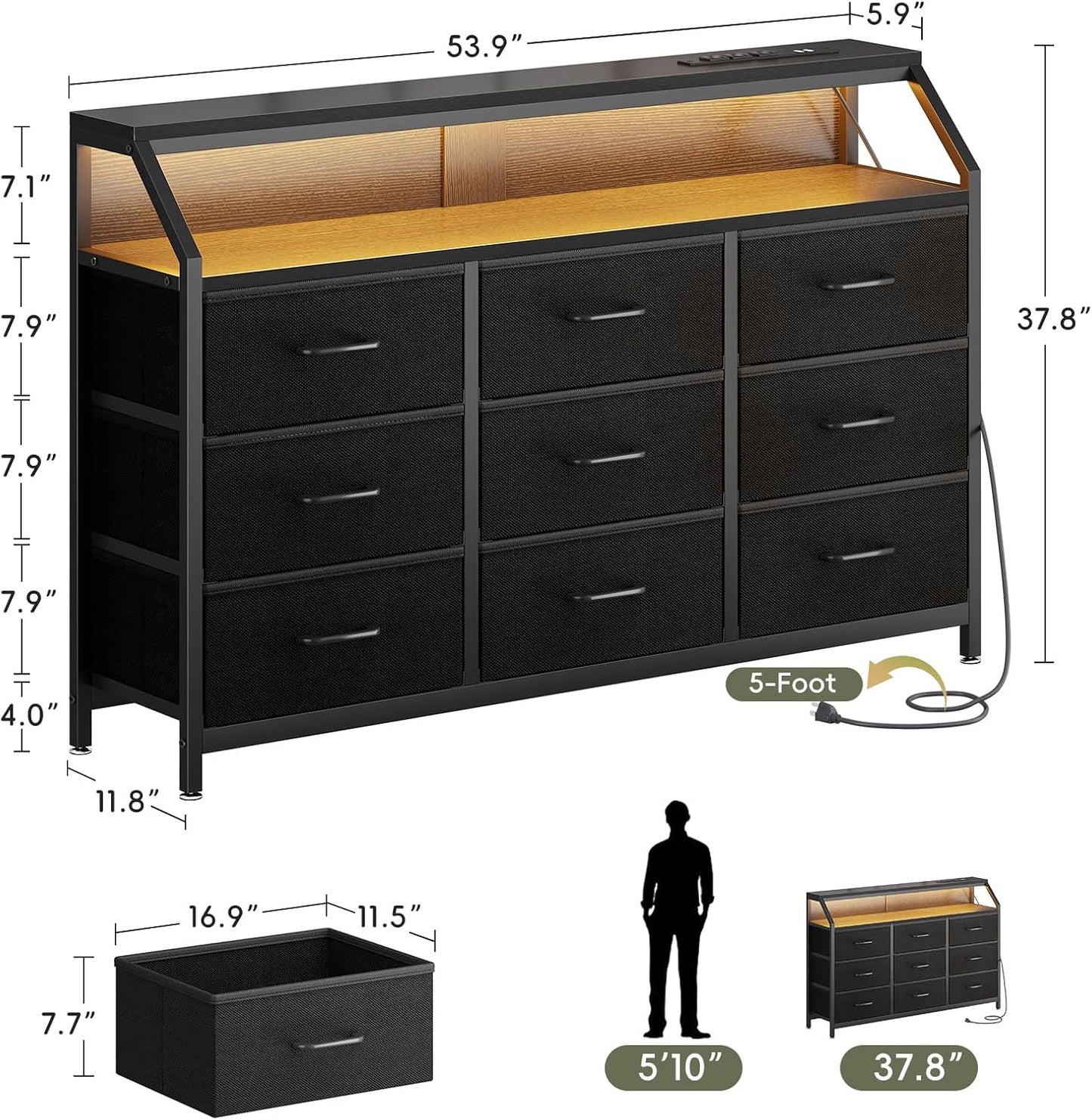 55" Wide 9-Drawer Dresser for Bedroom with LED Lights and Charging Station, Fabric Dressers & Storage Chest of Drawers with Shelves for Closet, Black