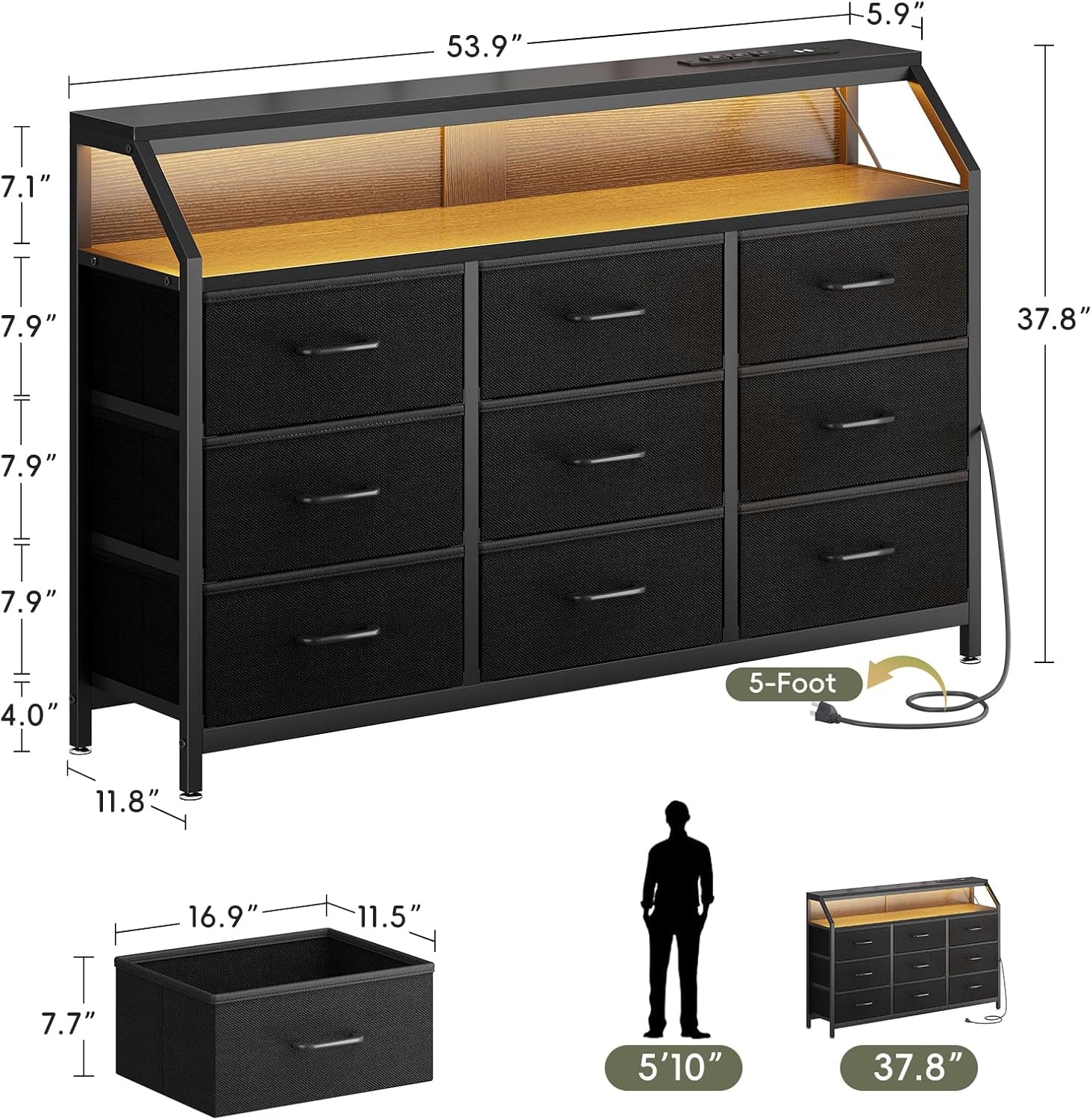 55" Wide 9-Drawer Dresser for Bedroom with LED Lights and Charging Station, Fabric Dressers & Storage Chest of Drawers with Shelves for Closet, Black