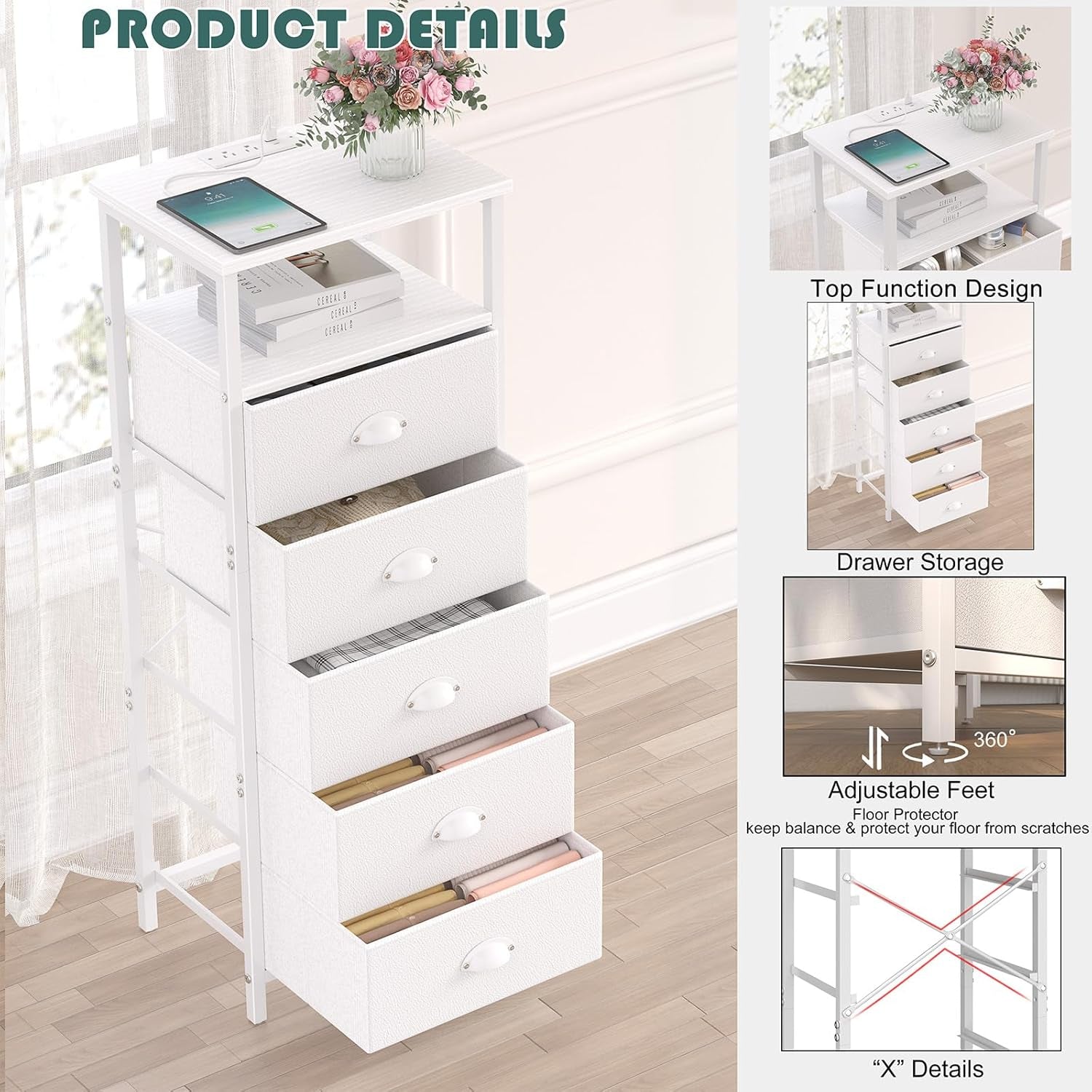 Nightstand with Charging Station,Led White Nightstands with 5 Fabric Drawers PU Finish, Bedside End Tables, 2-Tier Open Storage Shelf Side Table Nightstand with Drawers for Bedroom,White