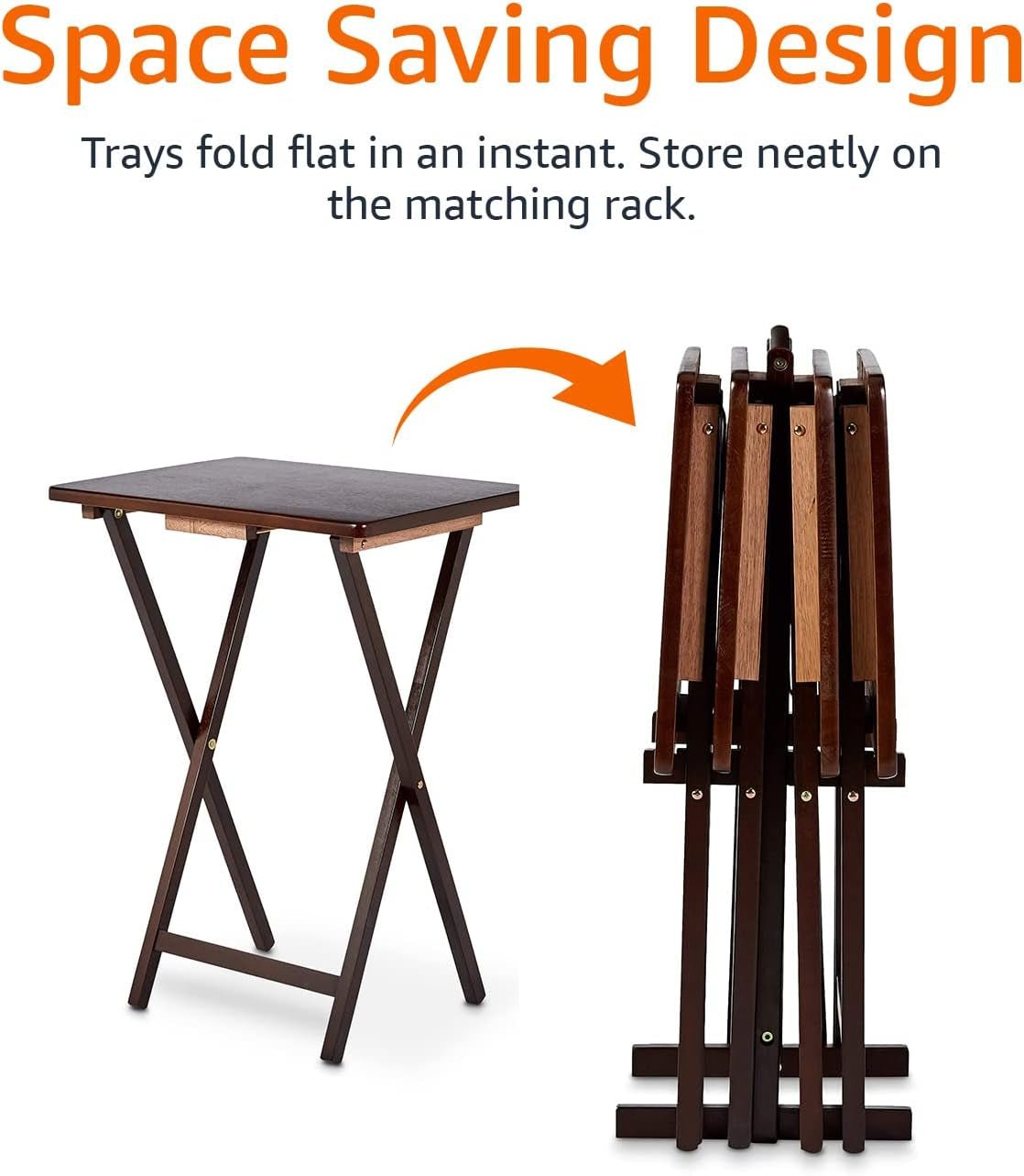 Portable Foldable TV Tray Table with Storage Rack, Space-Saving Design, Sturdy Wood, 14.6"L X 19"W X 26"H, Espresso, 4-Pack