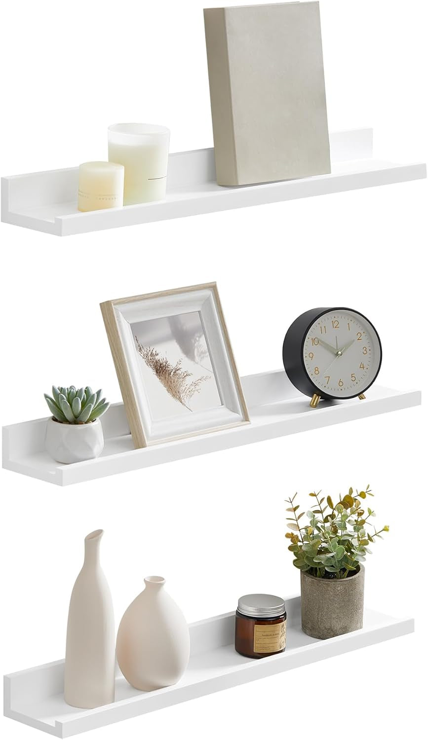 Floating Shelves, Set of 3 Wall Shelves, 15-Inch Wide, for Photo Frames and Trinkets, for Living Room, Home Office, Kitchen, Bathroom, White ULWS38WT