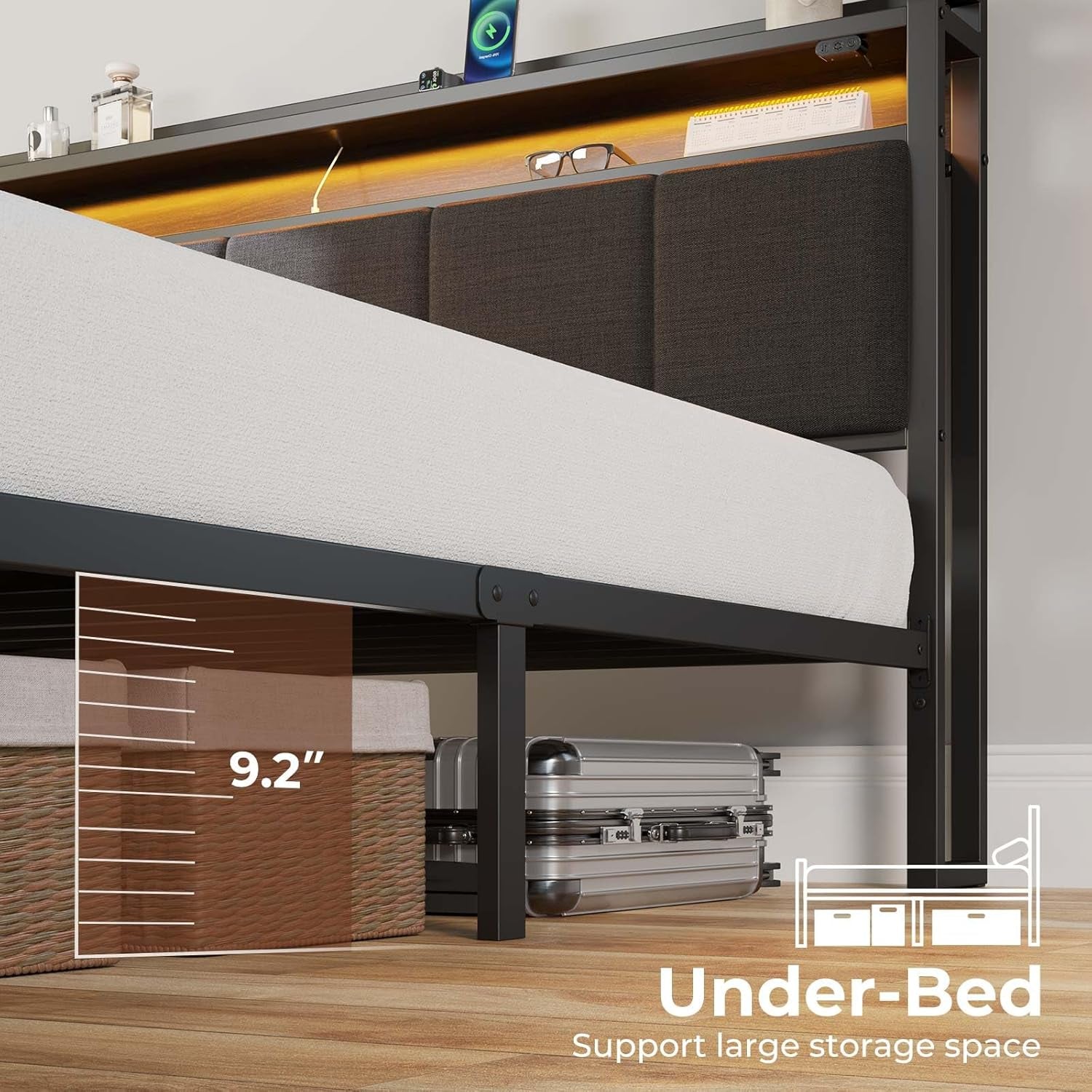Bed Frame Full Size with Charging Station and LED Lights, Upholstered Headboard with Storage Shelves, Heavy Duty Metal Slats, No Box Spring Need, Noise Free, Easy Assembly, Dark Grey