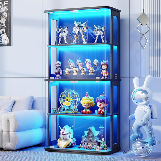 Rounded Display Cabinet with Glass Door, 4-Tier Curio Cabinet with Transparent Full-Display Surface for Collectibles, Glass Display Case with 3 Color Lights, Human Body Sensor, Black