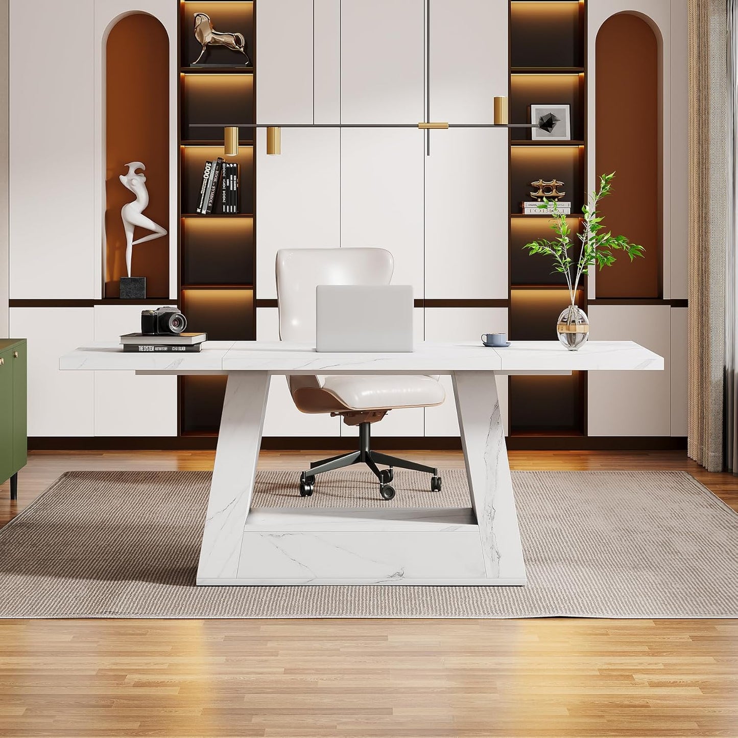 Modern Computer Desk, 63-Inch Large Office Desk Workstation, Simple Style Executive Desk Study Table with Sturdy Base, Wooden Faux Marble Writing Desk for Home Office, White