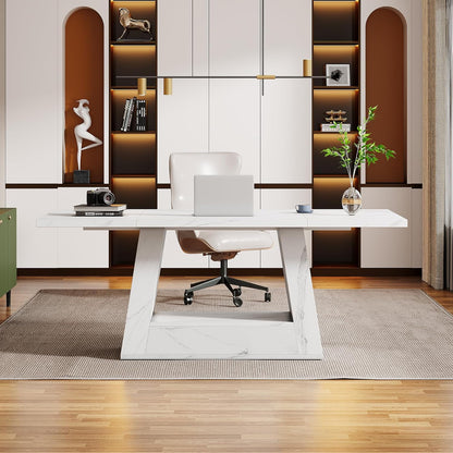 Modern Computer Desk, 63-Inch Large Office Desk Workstation, Simple Style Executive Desk Study Table with Sturdy Base, Wooden Faux Marble Writing Desk for Home Office, White