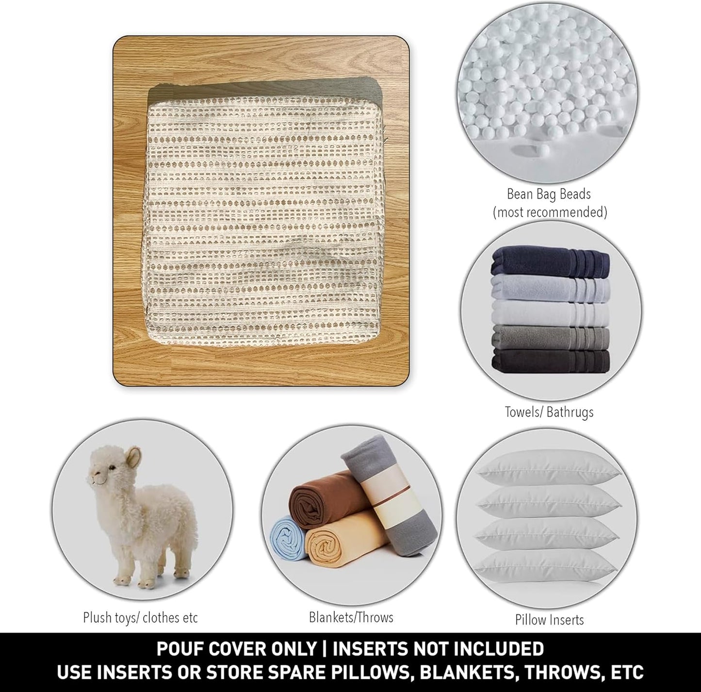 Unstuffed Ottoman, Cozy & Bohemian Pouf Covers, Hand Crafted Casual Seating, Footrest, Square Floor Pillow for Home, Office, Bedroom, Living Room, 16.5" X 16.5"X 12.9", Beige-Off White