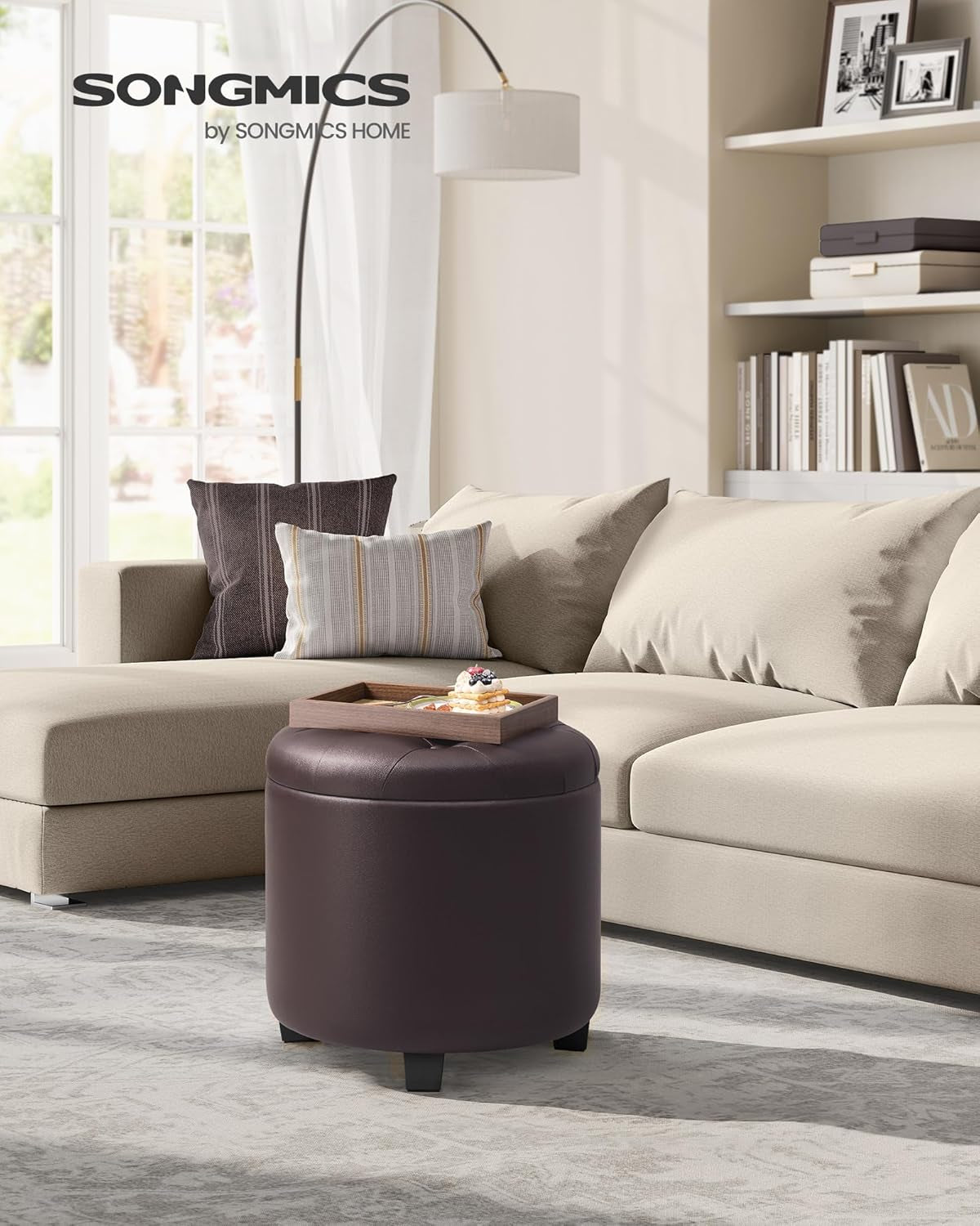 round Ottoman, Ottoman with Storage, 17.7 X 17.7 X 17.5 Inches, Foot Rest with Legs, Synthetic Leather, Load up to 330 Lb, for Living Room, Bedroom, Chestnut Brown ULOM014K01