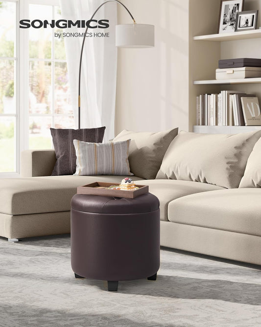 round Ottoman, Ottoman with Storage, 17.7 X 17.7 X 17.5 Inches, Foot Rest with Legs, Synthetic Leather, Load up to 330 Lb, for Living Room, Bedroom, Chestnut Brown ULOM014K01