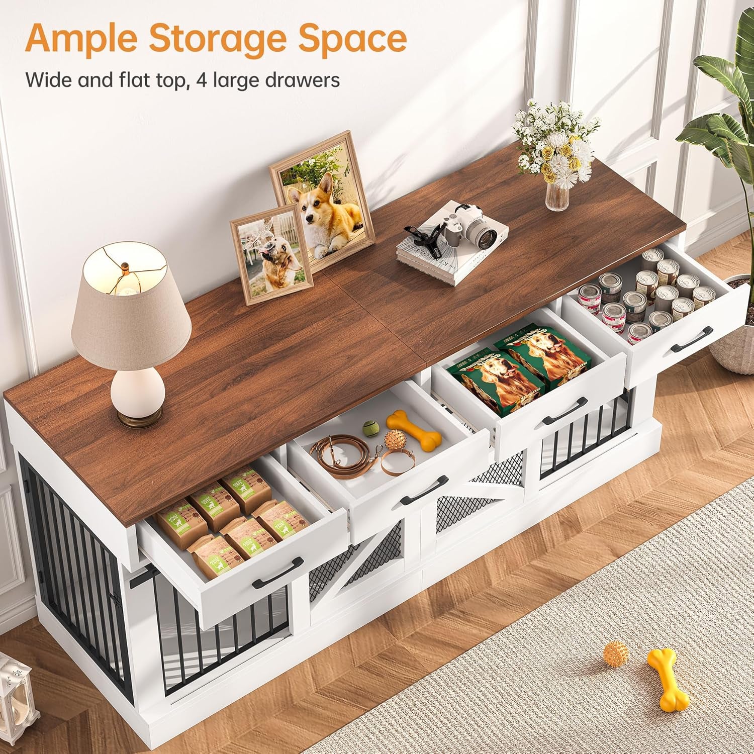 Extra Large Dog Crate Furniture for 2 Dogs, 71'' Dog Kennel Indoor with Removable Divider and 4 Storage Drawers, Sturdy Wooden Dog Crate TV Stand with 4 Doors for Large Medium Small Dogs