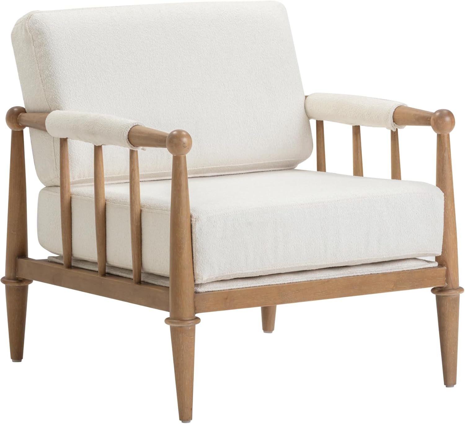Spencer Boucle Accent Chair, Bohemian Armchair with Solid Wood Frame and Upholstered Foam Cushion, Cream/Light Brown
