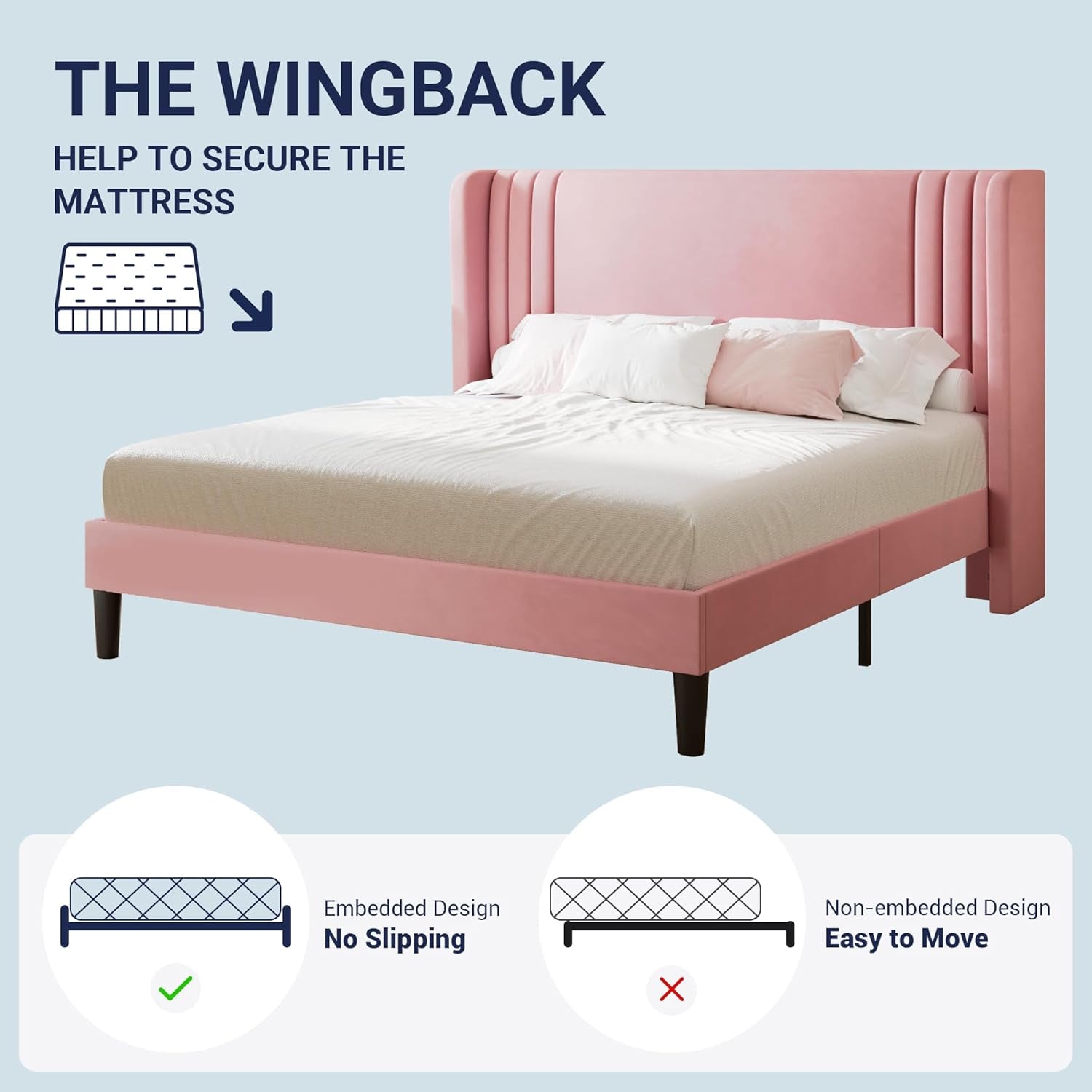 Full Size Velvet Platform Bed Frame with Vertical Tufted Wingback Headboard, Easy Assembly, under Bed Storage, No Box Spring Required, Modern Style, Pink