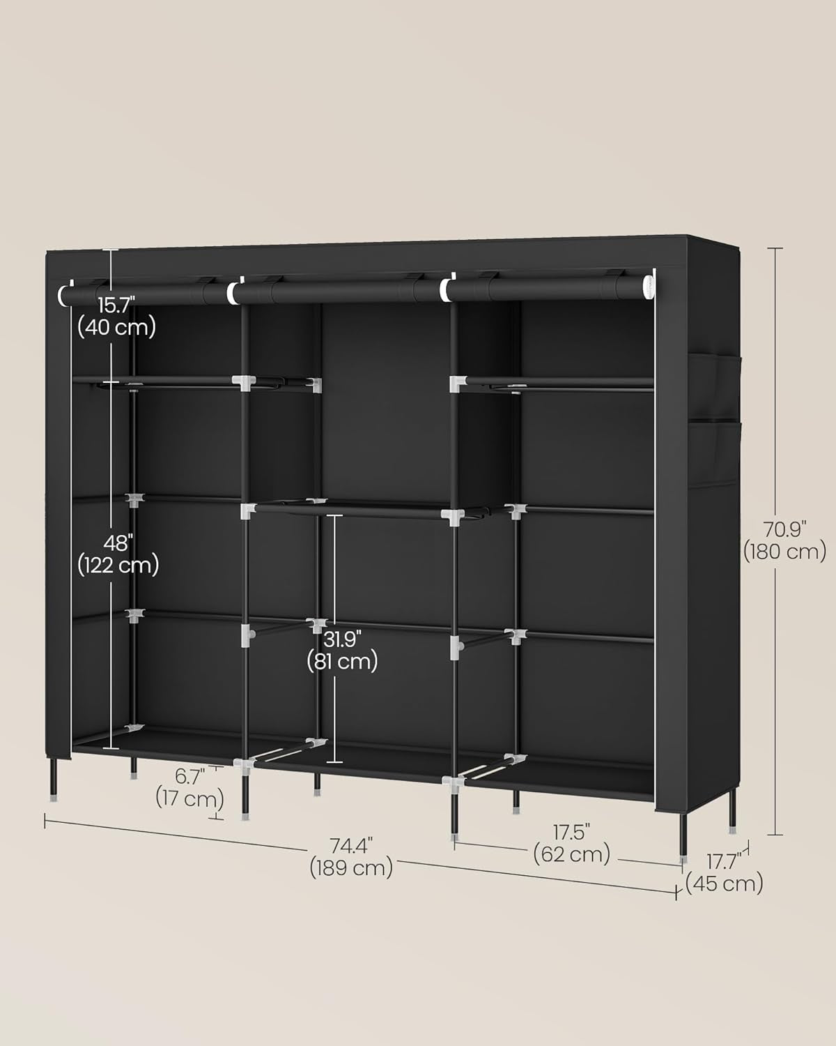 Portable Closet, Fabric Wardrobe, Clothes Rack with Shelves, Pockets, Large Capacity, 4 Hanging Rods, 17.7 X 74.4 X 70.9 Inches, Black URYG011BZ02