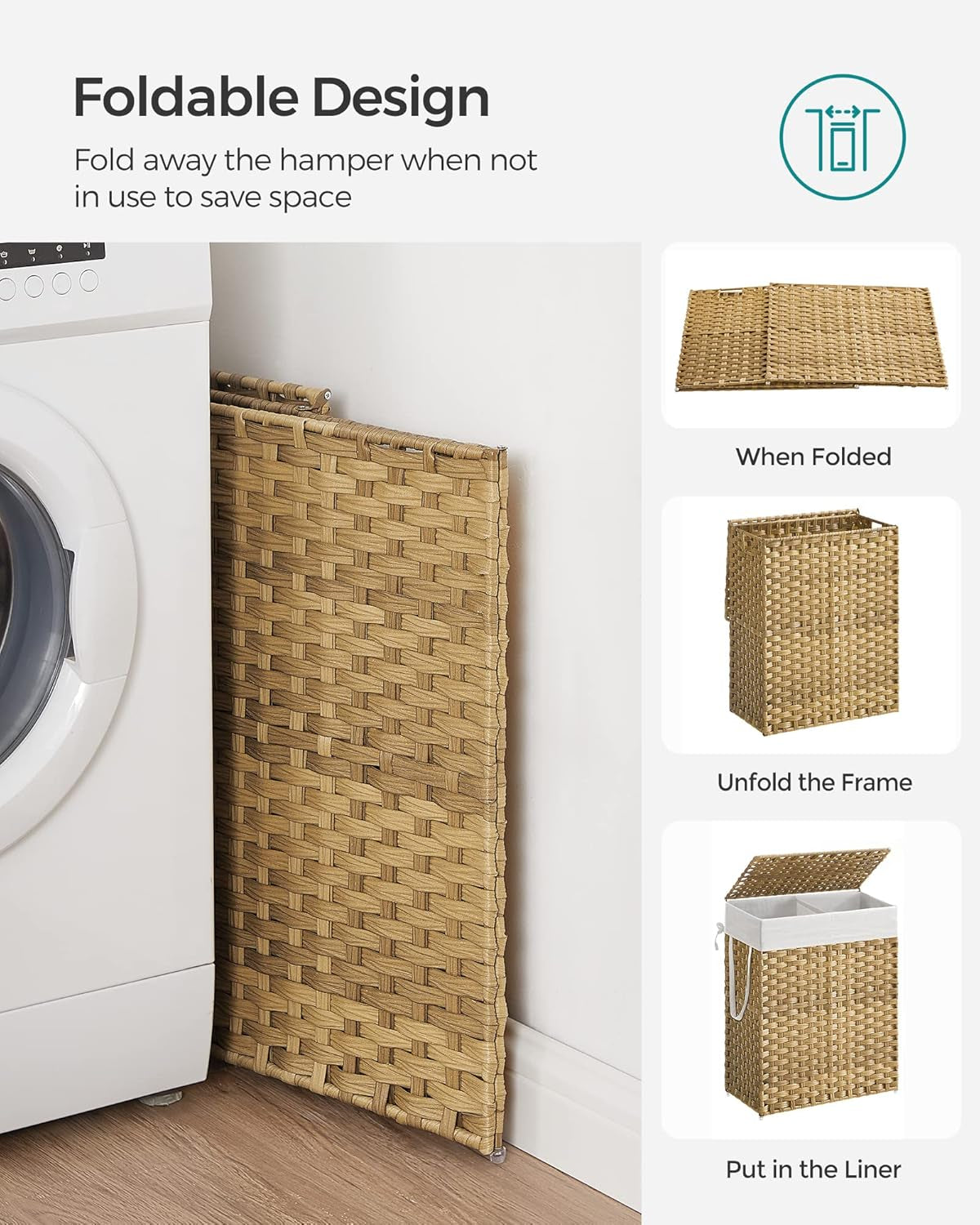 Laundry Hamper with Lid, 90L Clothes Hamper with 2 Removable Liner Bags, 6 Mesh Bags, Wicker Laundry Basket, Double Laundry Hamper for Bathroom, 13 X 18.1 X 23.6 Inches, Natural ULCB251N01V1