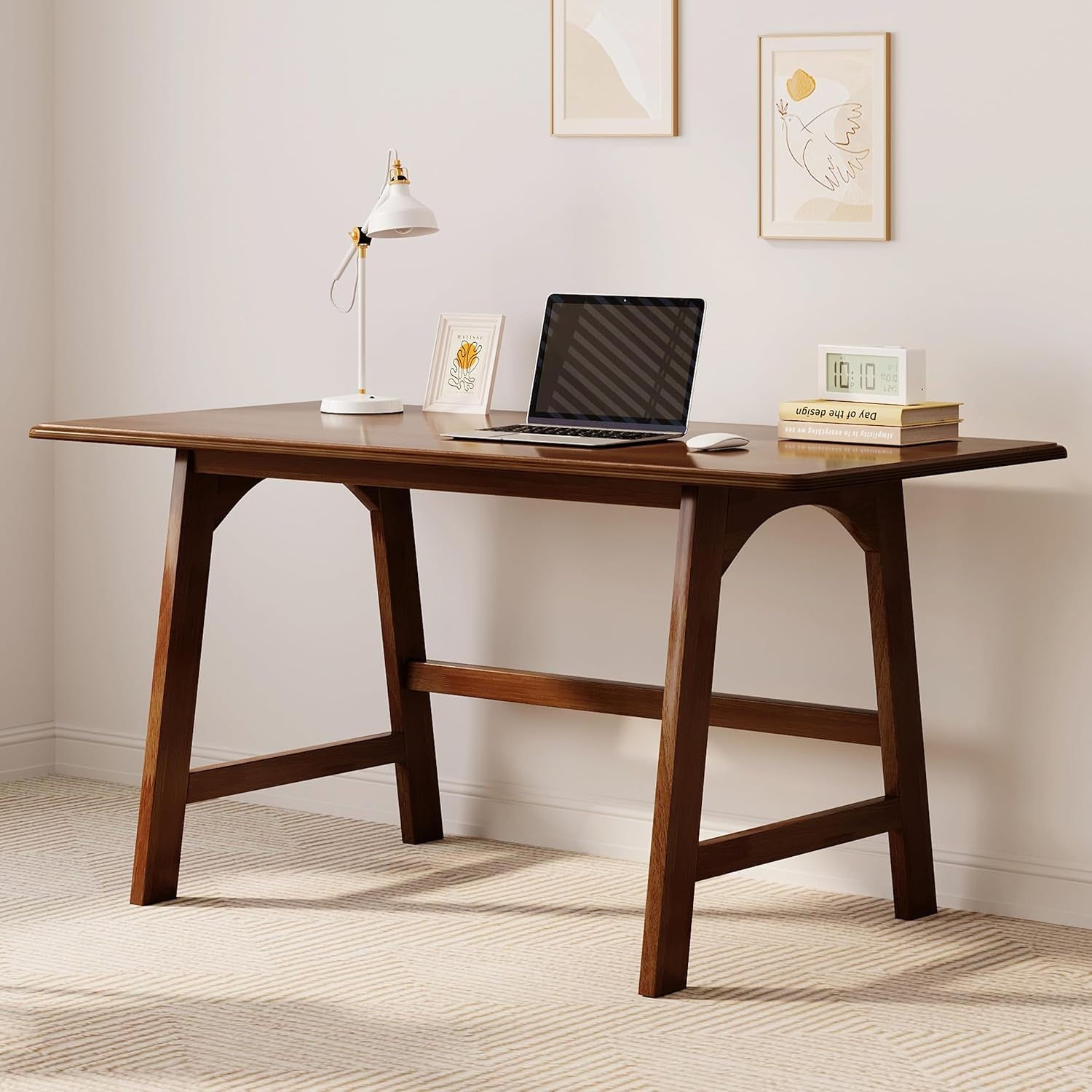 Solid Wood Writing Table - 48" W X 24" D Minimalist Computer Desk for Home Office, Work, Study, Creativity, and PC Workstation, Walnut