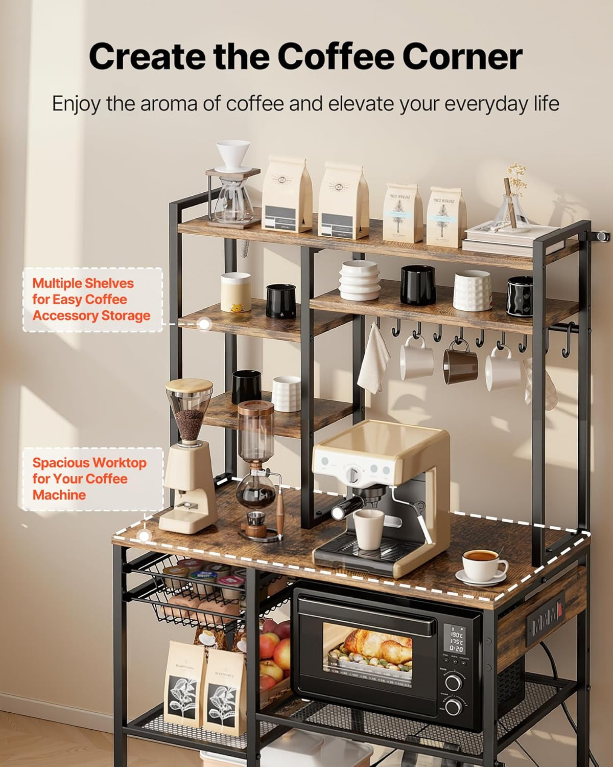 Kitchen Bakers Rack with Power Outlets, 35.4X15.7X70.9 Inch Microwave Stand with Built-In Power Strip & 5 Ft Cord, 10 S-Shaped Hooks, for Dish Storage, Spice Jars, Coffee Bar Organization