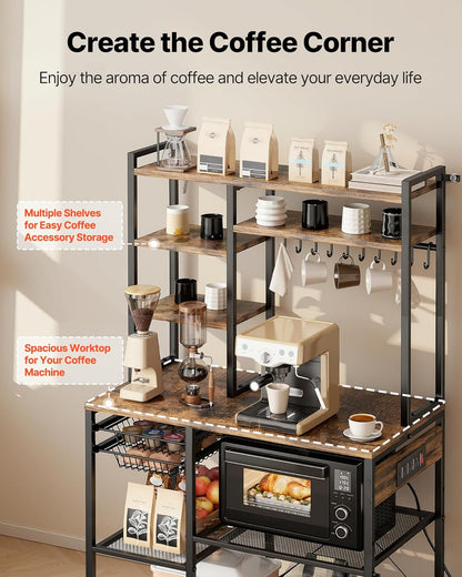 Kitchen Bakers Rack with Power Outlets, 35.4X15.7X70.9 Inch Microwave Stand with Built-In Power Strip & 5 Ft Cord, 10 S-Shaped Hooks, for Dish Storage, Spice Jars, Coffee Bar Organization