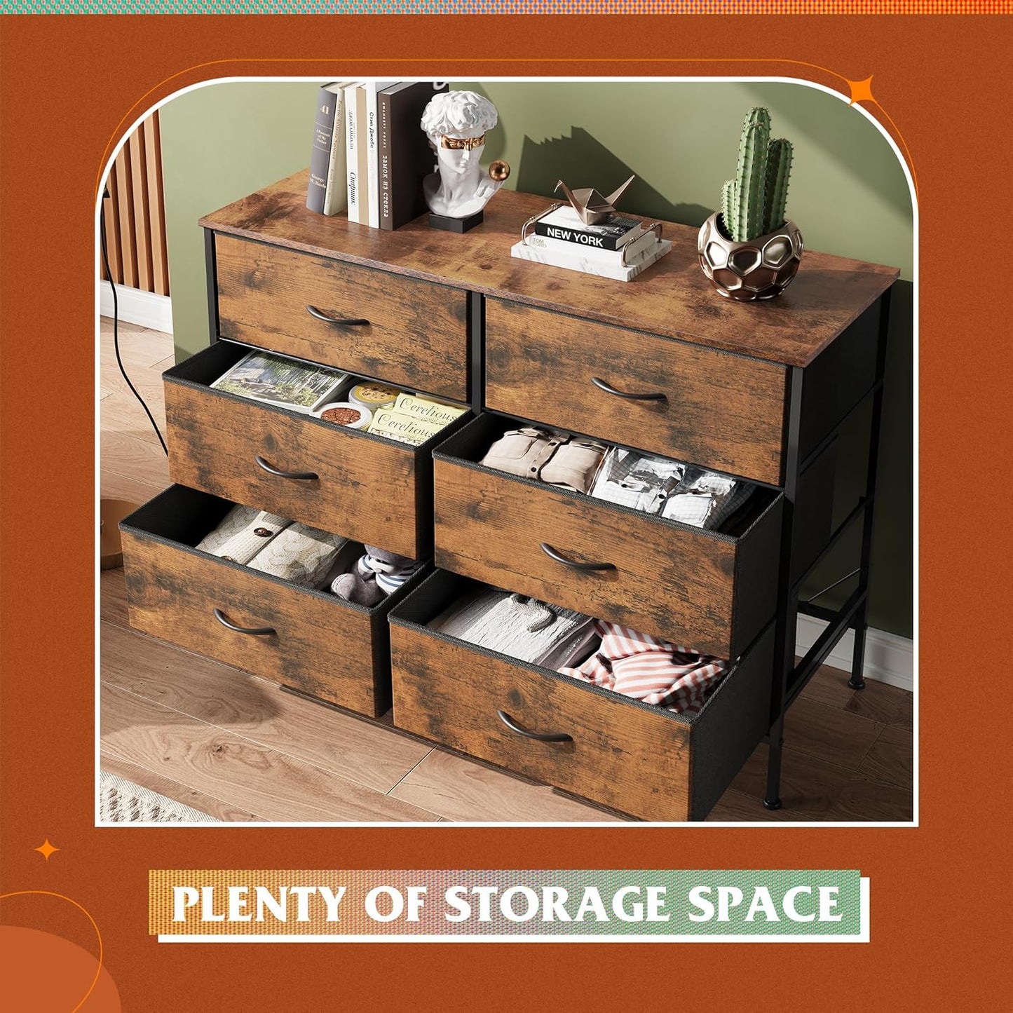 Dresser for Bedroom with 6 Drawers, Wide Fabric Dresser TV Stand for 50 Inches TV, with Metal Frame, Wooden Top, Fabric Storage Dressers for Bedroom, Hallway, Entryway, Rustic Brown