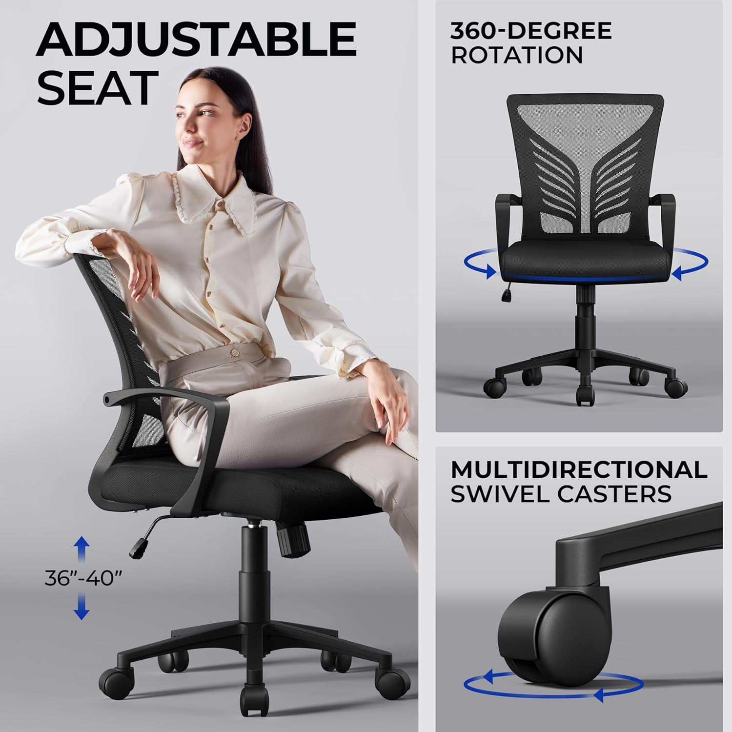 Mesh Office Chair Desk Computer Chair Ergonomic Mid Back with Lumbar Support Adjustable Height for Home Office, Black