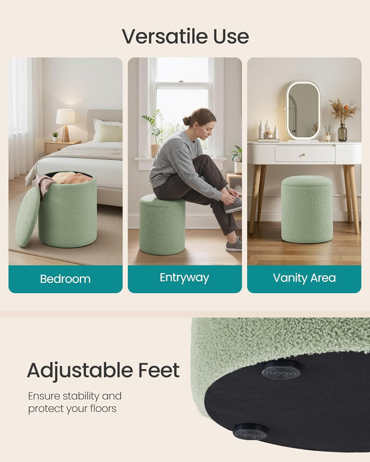 Vanity Stool, Set of 2, round Storage Ottoman, Small Ottoman Coffee Table, Foot Stool, Removable Lid, for Living Room, Bedroom, Hallway, Easy Assembly, Teddy Fleece, Laurel Green ULOM013CZ01