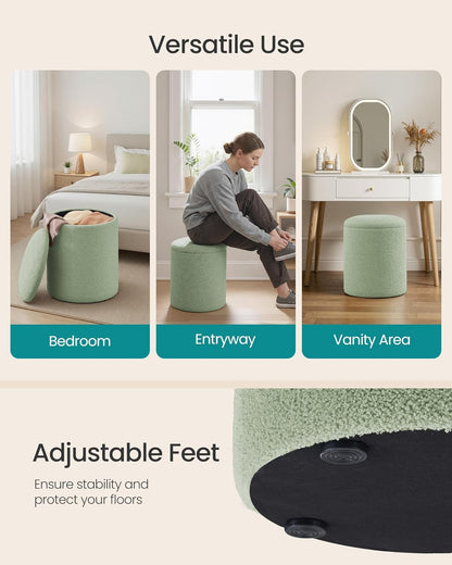 Vanity Stool, Set of 2, round Storage Ottoman, Small Ottoman Coffee Table, Foot Stool, Removable Lid, for Living Room, Bedroom, Hallway, Easy Assembly, Teddy Fleece, Laurel Green ULOM013CZ01