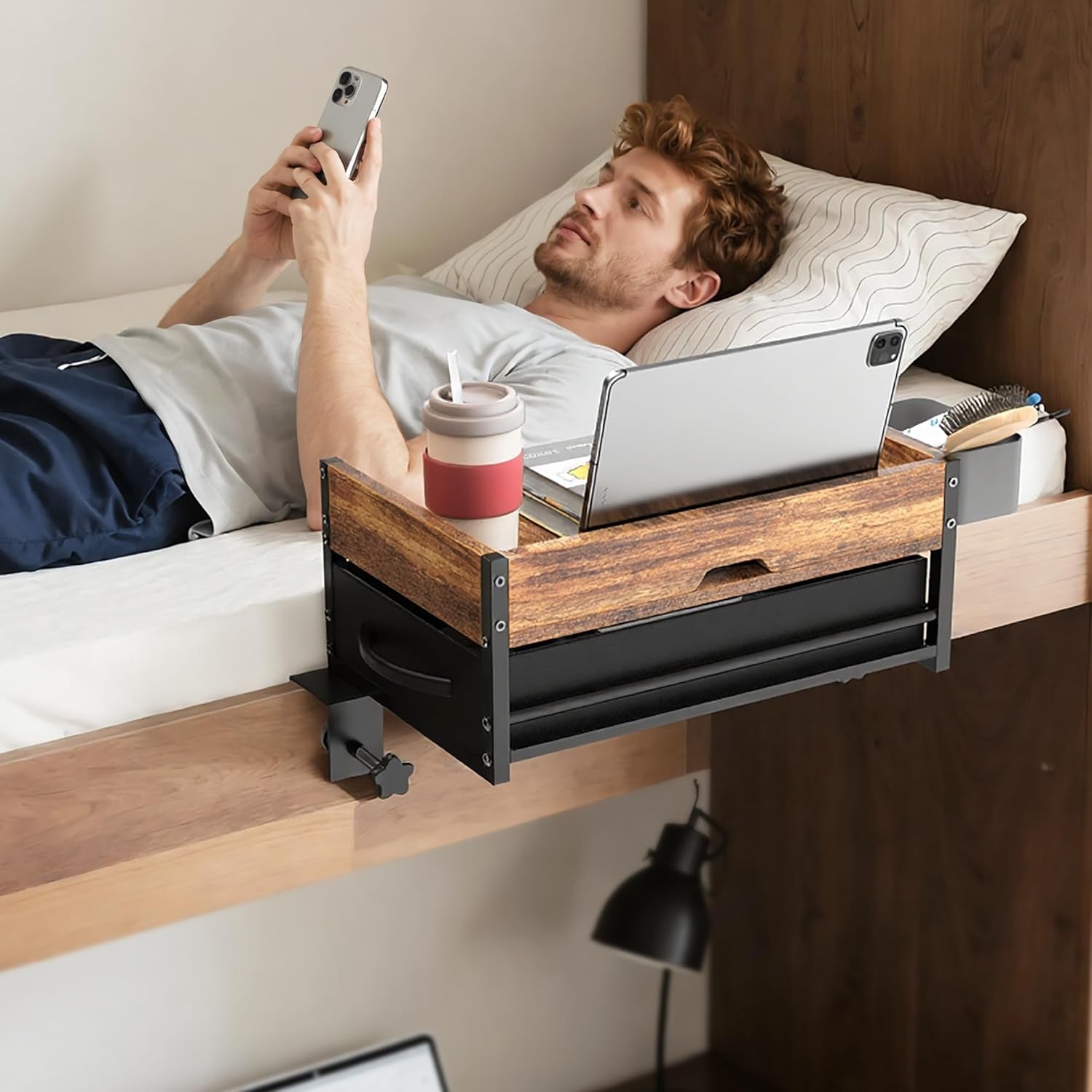 2 Tier Dorm Bed Shelf, Bedside Shelf for Dorm Top Bunk, Nightstand Bedside Table Tray with Fabric Drawer & Storage Box, Bunk Bed Shelf Bedside Tray with Cable Management for Dormitory