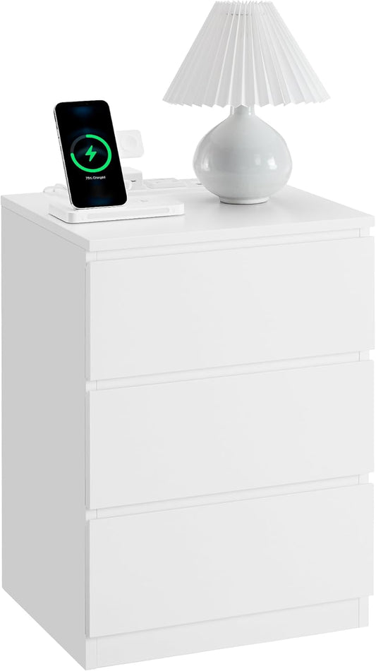 Nightstand with Charging Station, 2 AC Outlets and 2 USB Ports, Bedside Table, Side Table with 3 Drawers, Modern Style, 13.8 X 15.7 X 23.2 Inches, Cloud White ULET631W16