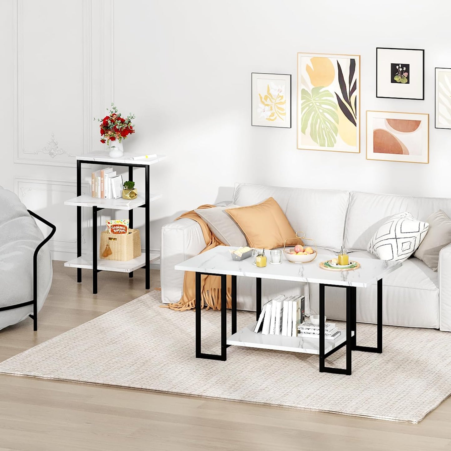 Coffee Table Set of 3 Coffee Table and End Table Sets, Modern Living Room Table Set with Metal Frame for Apartment Home Office White & Black