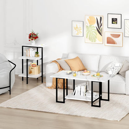 Coffee Table Set of 3 Coffee Table and End Table Sets, Modern Living Room Table Set with Metal Frame for Apartment Home Office White & Black