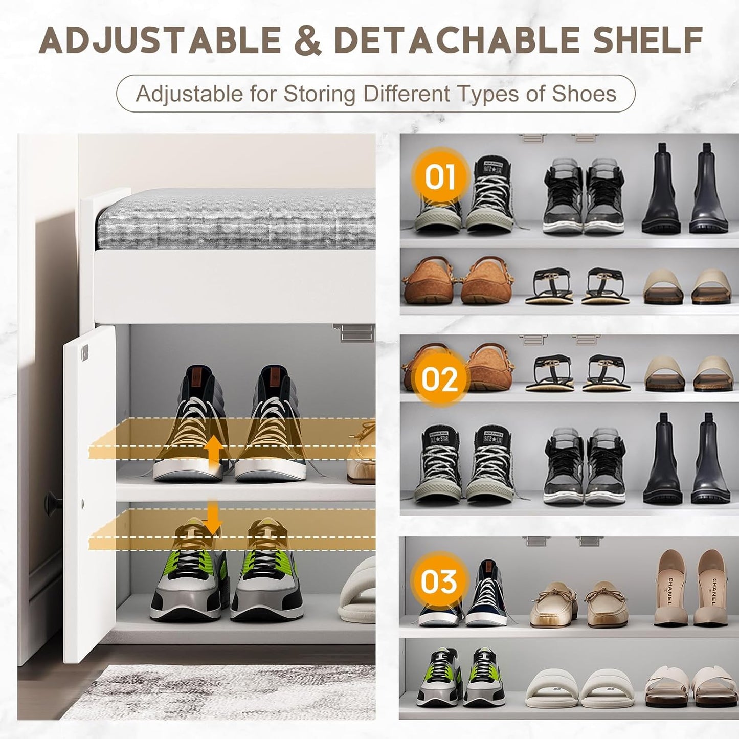 42.6" Storage Bench - Entryway Shoe Bench with Side Storage Shelves and 3 Doors, Multifunctional Entryway Bench with Lift Top Cushion, Shoe Storage Bench for Bedroom, Living Room, White