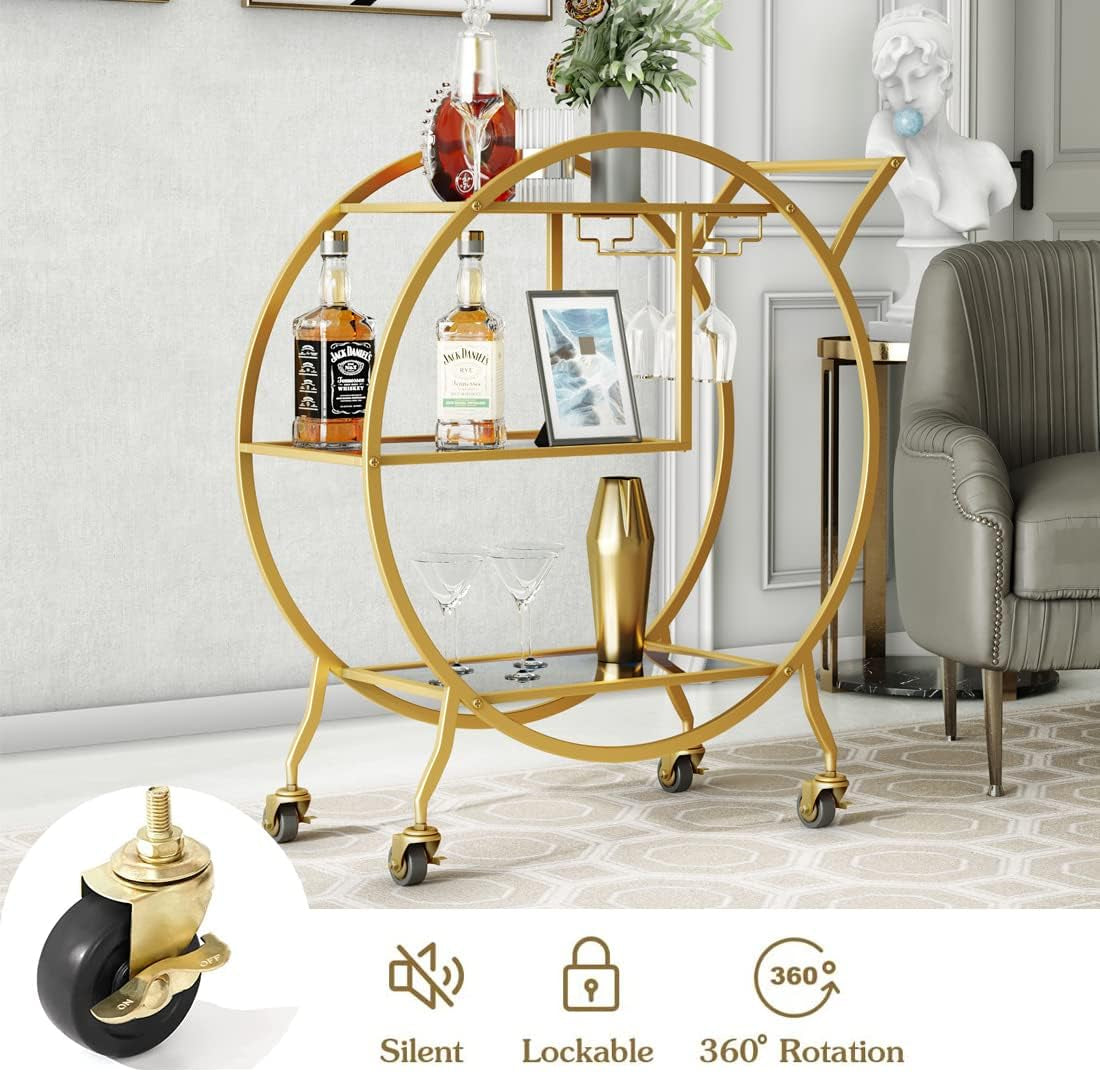 Bar Cart, Upgraded 3 Tier Gold Bar Serving Cart with Glass Holder and Wheels, Metal Handle round Bar Carts for the Home, Kitchen, Living Room