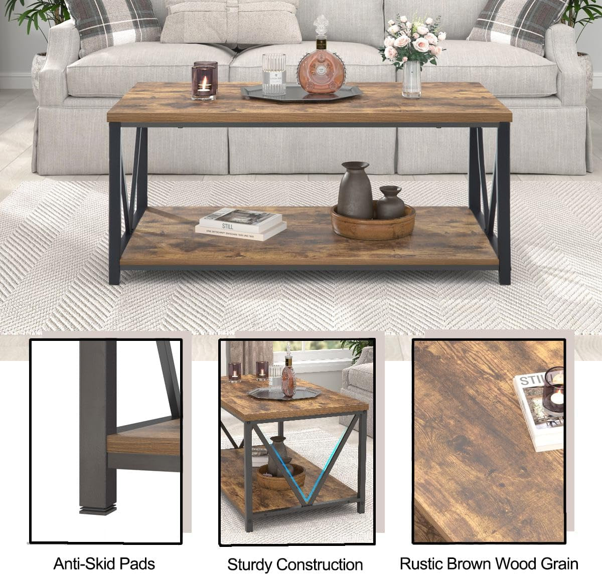 Modern Coffee Table, Industrial Metal and Wood Living Room Table with Storage Shelf, Rustic Brown