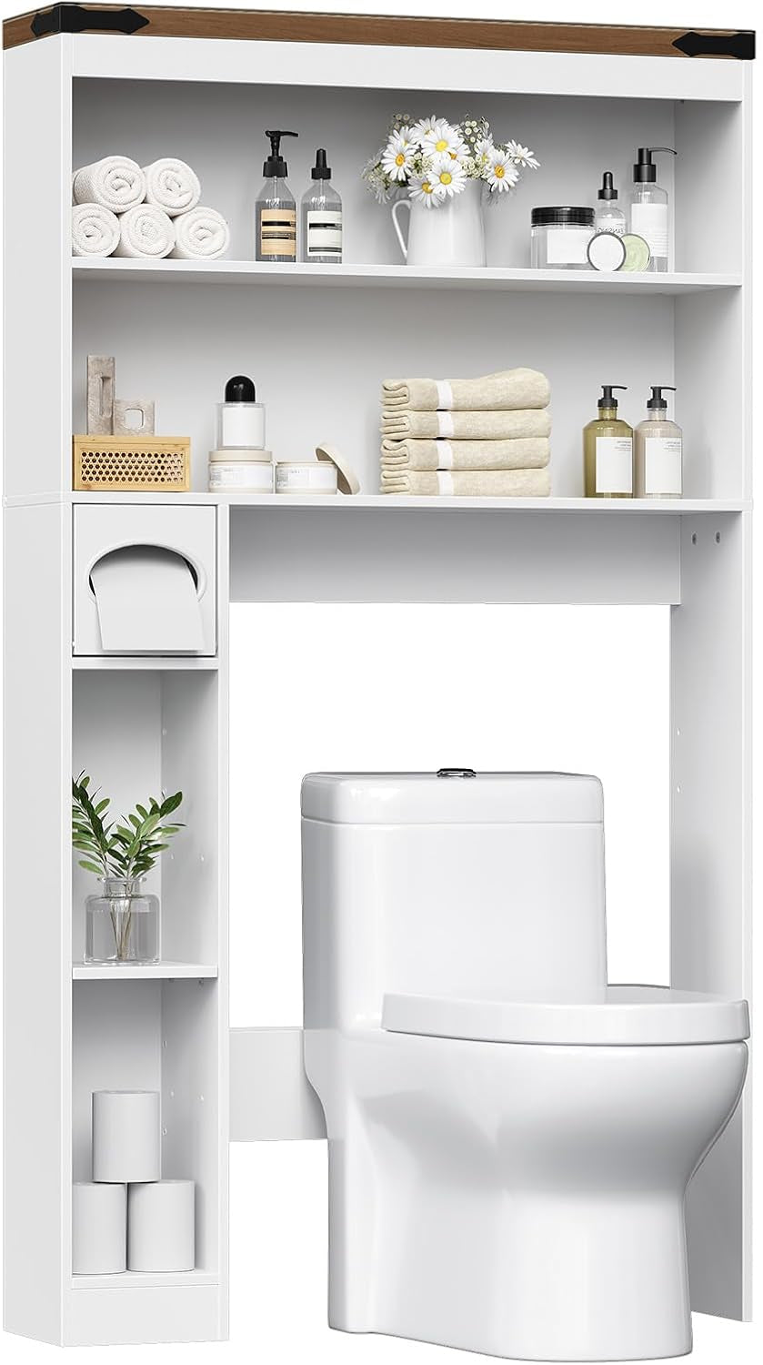 Over-The-Toilet Storage Rack, 3-Tier Freestanding Bathroom Shelves, Wooden Bathroom Organizer with Toilet Paper Holder, Farmhouse Space Saver, Laundry Room, White and Walnut WH20TS01