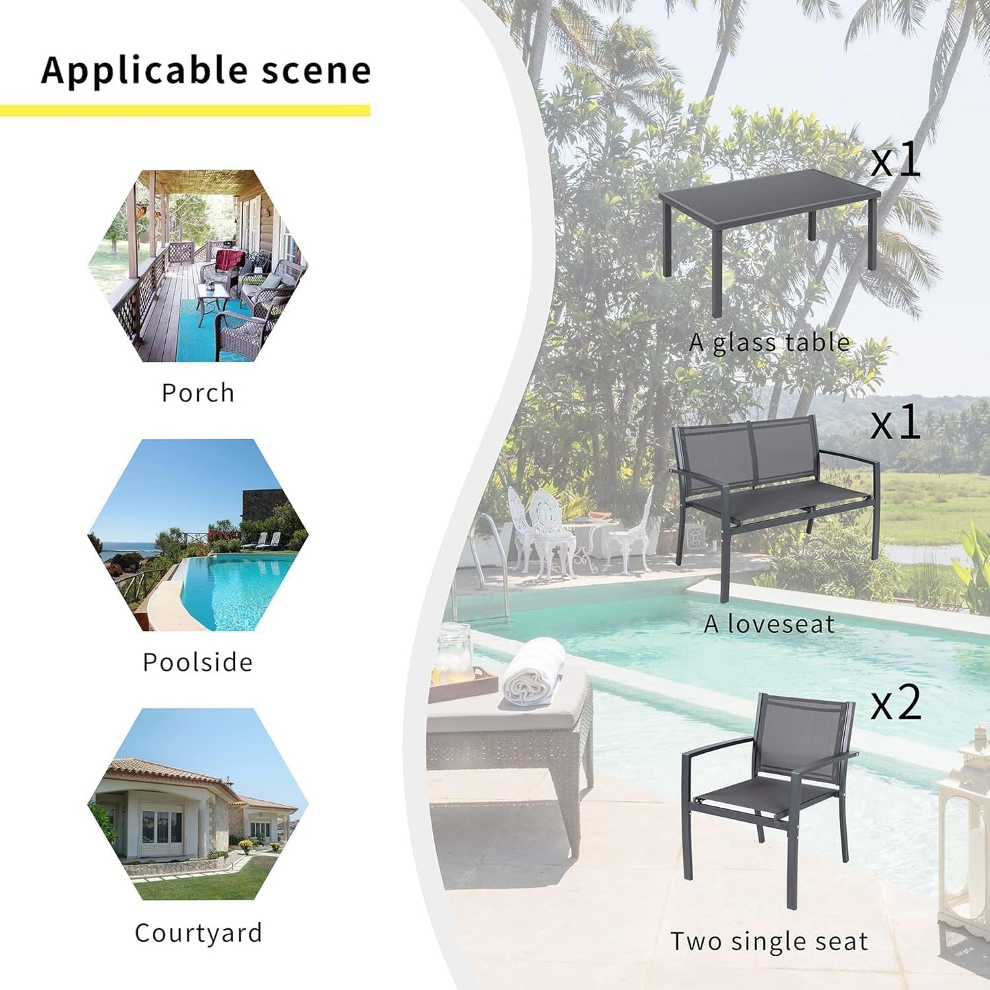 4 Pieces Patio Furniture Set All Weather Textile Fabric Outdoor Conversation Set, with Glass Coffee Table, Loveseat, 2 Single Chairs for Home, Garden, Lawn, Porch（Gray）