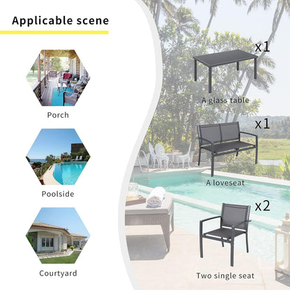 4 Pieces Patio Furniture Set All Weather Textile Fabric Outdoor Conversation Set, with Glass Coffee Table, Loveseat, 2 Single Chairs for Home, Garden, Lawn, Porch（Gray）