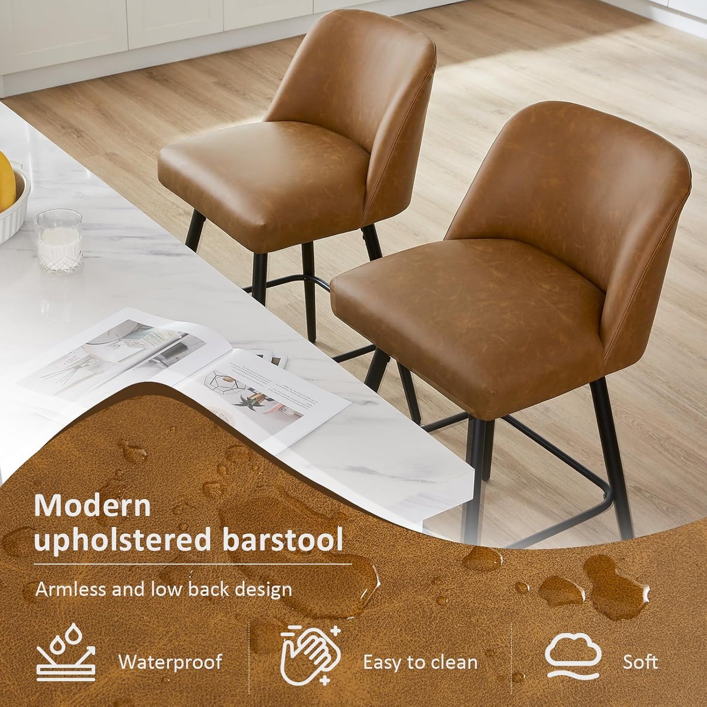 360°Swivel Counter Height Bar Stools Set of 2,Upholstered Morden Kitchen Barstools with High Backs,26" H Seat Height,Faux Leather (Faux Leather-Saddle Brown , 2 Pieces - 26" Counter Height)