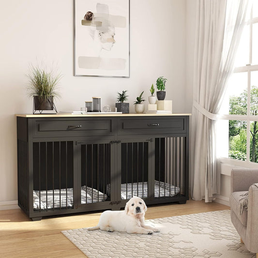 Dog Crate Furniture, 72 Inch Heavy Duty Wooden Large Dog Kennel with Drawers & Divider, Indoor Furniture Style Dog Crate with Double Rooms for Large Medium Small Dogs, Black