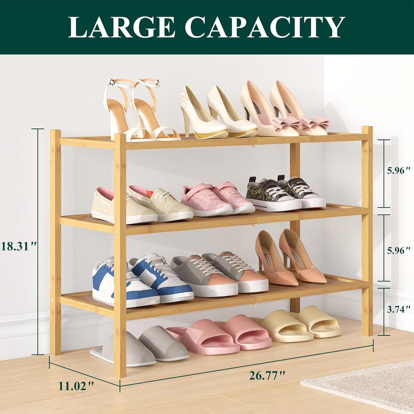 Bamboo Shoe Rack, 3 Tier Shoe Organizer for Entryway & Closet, Stackable Free Standing Storage Shelf for Shoes, Bags & Plants, Natural