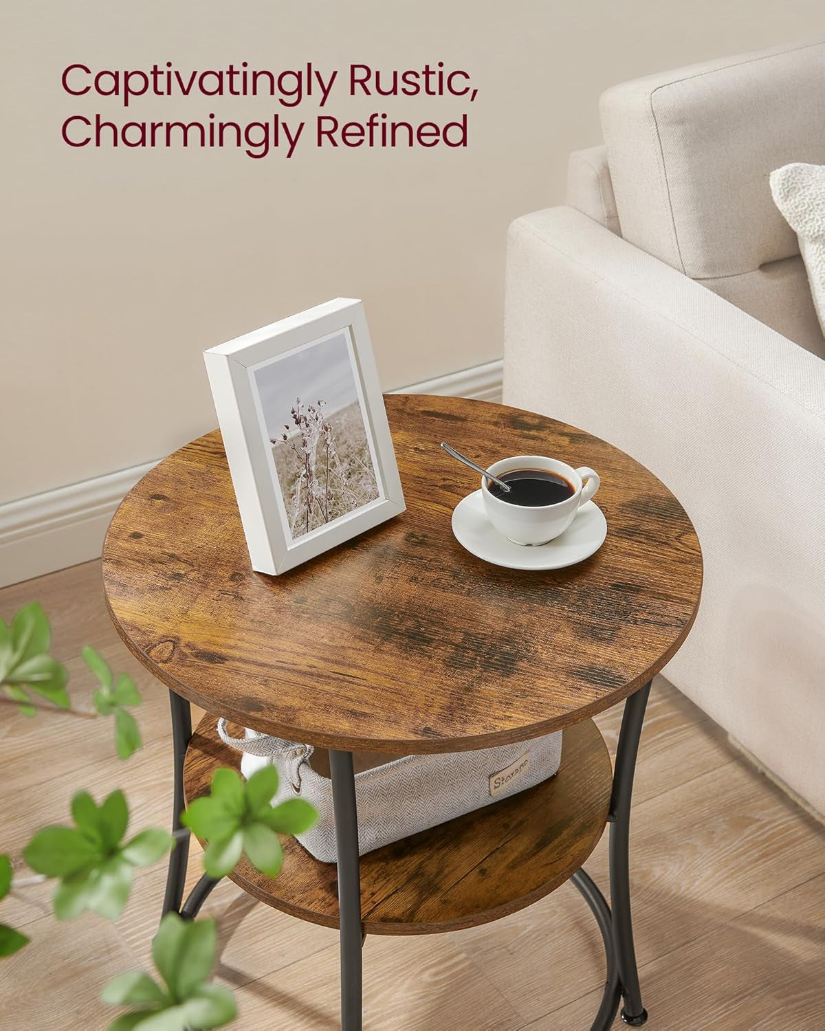 Side Table, 2-Tier round End Table, Nightstand with Steel Frame for Small Spaces, Living Room, Bedroom, Rustic Brown and Ink Black
