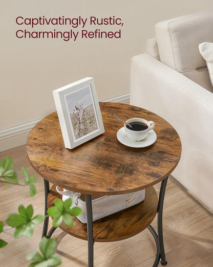 Side Table, 2-Tier round End Table, Nightstand with Steel Frame for Small Spaces, Living Room, Bedroom, Rustic Brown and Ink Black