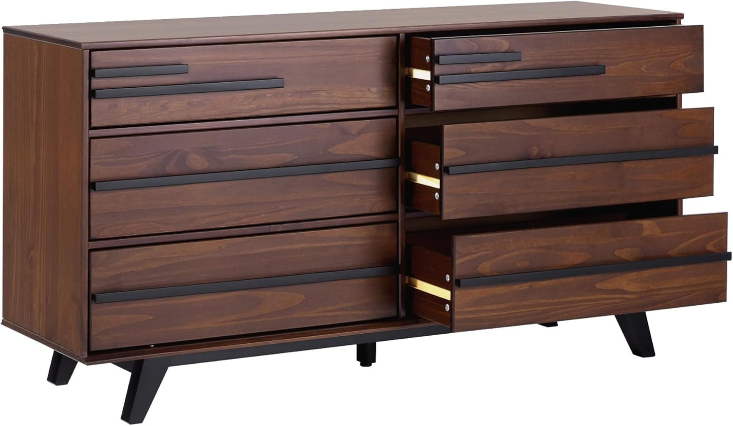 Malhia Contemporary Minimalist Solid Wood 6-Drawer Dresser, 60 Inch, Walnut