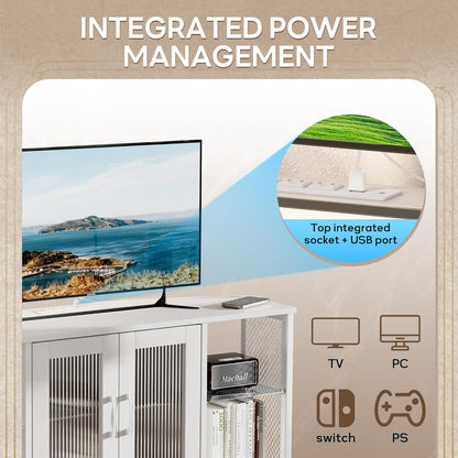 TV Stand with Glass Storage Cabinets and Power Outlet, White TV Stand for 32/45/55 Inch Tvs, Entertainment Center with LED Light for Living Room, 46Inch Small Tv Stand for Bedroom