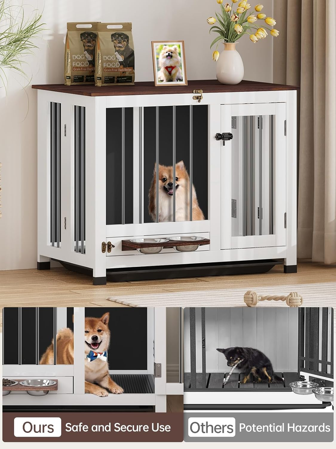 Dog Crate - 39.4" Dog Kennel Furniture with 360° Rotating Feeder & Removable Tray | Versatile Indoor Dog Cage End Table for Medium & Large Dogs, White Wooden Dog Crates for Living Room