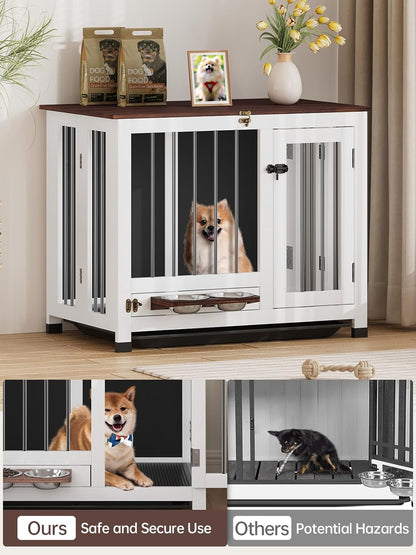 Dog Crate - 31.5" Wooden Dog Cage with Removable Tray & 360° Rotating Feeder | Decorative Dog Kennel Furniture Indoor | Multi-Functional End Table for Medium & Small Dogs, Light Walnut