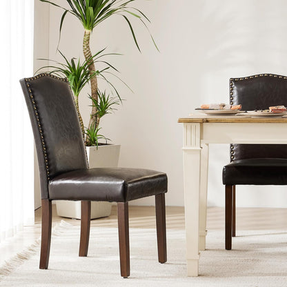 Upholstered Dining Chairs，Set of 2 PU Leather Dining Room Kitchen Chair with Nailhead Trim and Wood Legs, Modern Side Chairs for Living Room-Brown